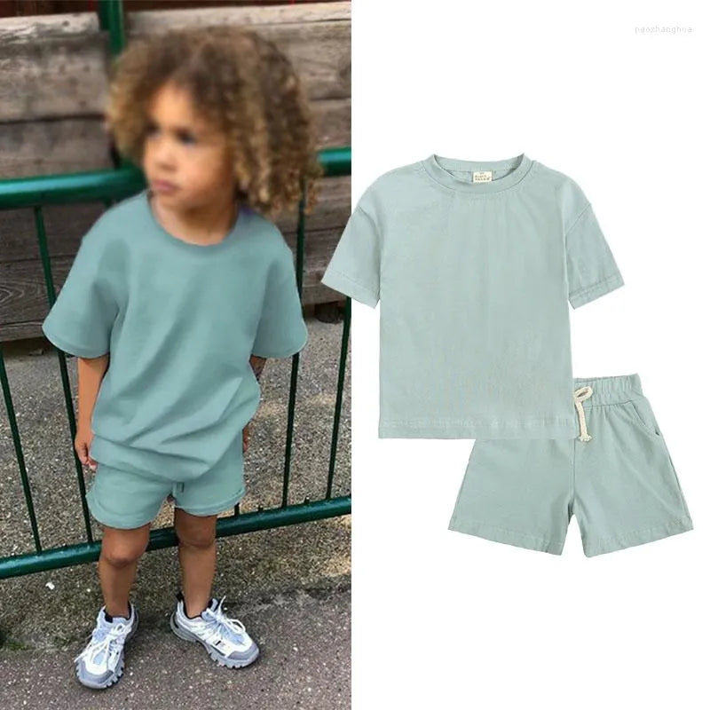 2024 Kids Summer Tracksuits Solid Casual Shorts T-shirt Set Toddler Boy Girl Clothes Suits Outfit Polyester Army Green