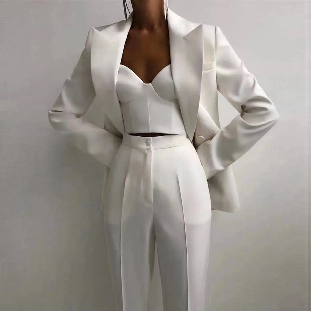 3Pcs Silk Satin Women&apos;s Tuxedo Suit Set Formal Blazer, Bra, Pants for Office, Party, Prom