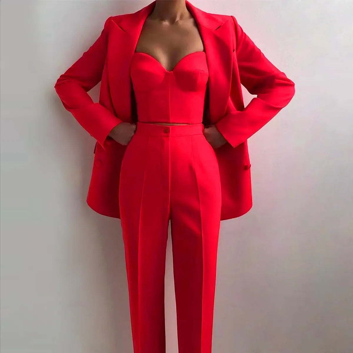 3Pcs Silk Satin Women&apos;s Tuxedo Suit Set Formal Blazer, Bra, Pants for Office, Party, Prom