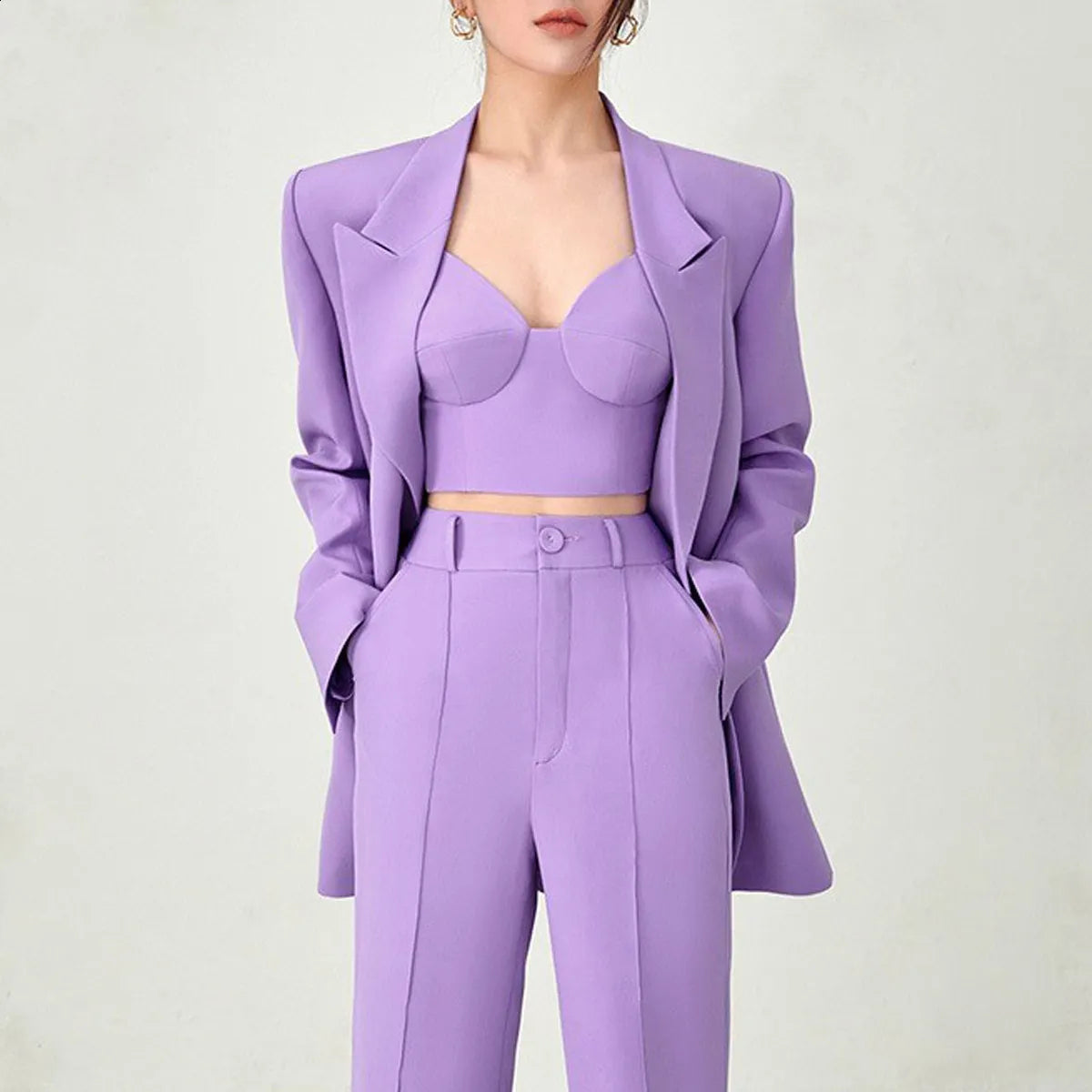 3Pcs Silk Satin Women&apos;s Tuxedo Suit Set Formal Blazer, Bra, Pants for Office, Party, Prom